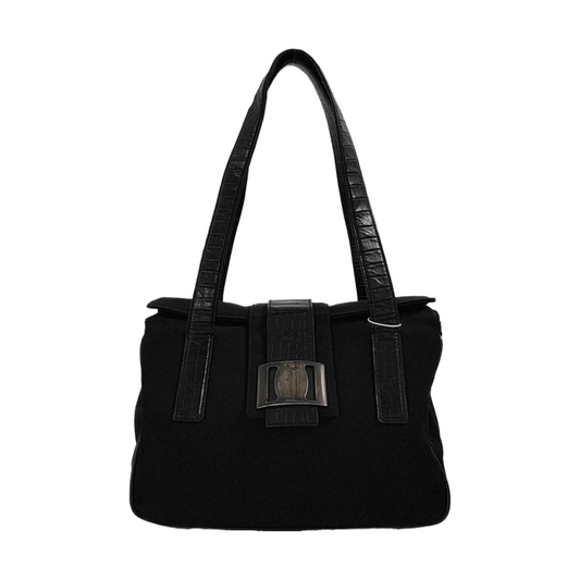 FERRAGAMO Black Fabric Single Shoulder Bag Handbag Silver Hardware-(SKU)-951936127