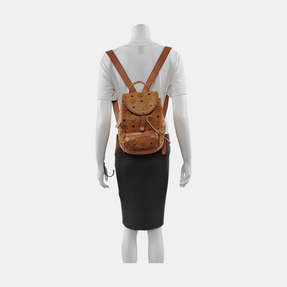 MCM Cognac Coated Canvas Monogrammed Backpack Golden hardware-(SKU)-951930001