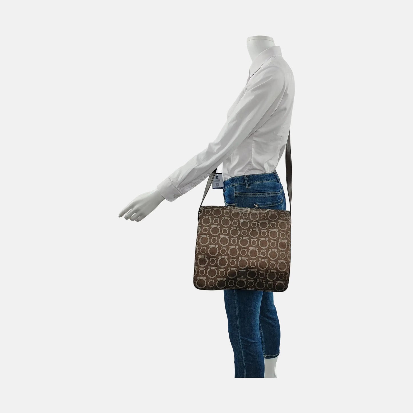 FERRAGAMO Dark Brown Coated Canvas Print Single Shoulder Bag Crossbody Bag Silver Hardware-(SKU)-952089727