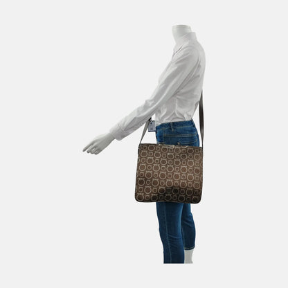 FERRAGAMO Dark Brown Coated Canvas Print Single Shoulder Bag Crossbody Bag Silver Hardware-(SKU)-952089727