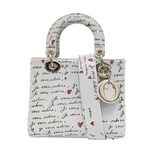 DIOR Lady Dior Small White Calfskin Printed Shoulder Bag Tote Crossbody Bag with Detachable Strap Gold Red Hardware-(SKU)-952283024