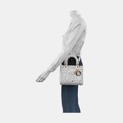 DIOR Lady Dior Small White Calfskin Printed Shoulder Bag Tote Crossbody Bag with Detachable Strap Gold Red Hardware-(SKU)-952283024