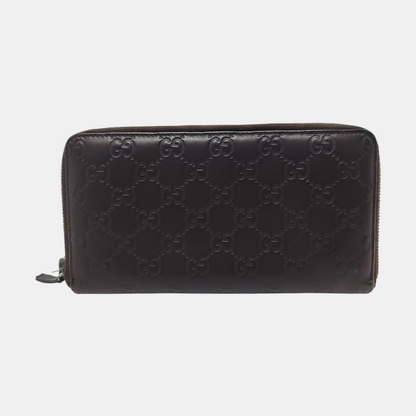 GUCCI Ligne Shima Dark Brown Cowhide Monogrammed Texture Wallet Silver Hardware-(SKU)-946371440