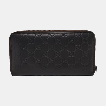 GUCCI Ligne Shima Dark Brown Cowhide Monogrammed Texture Wallet Silver Hardware-(SKU)-946371440