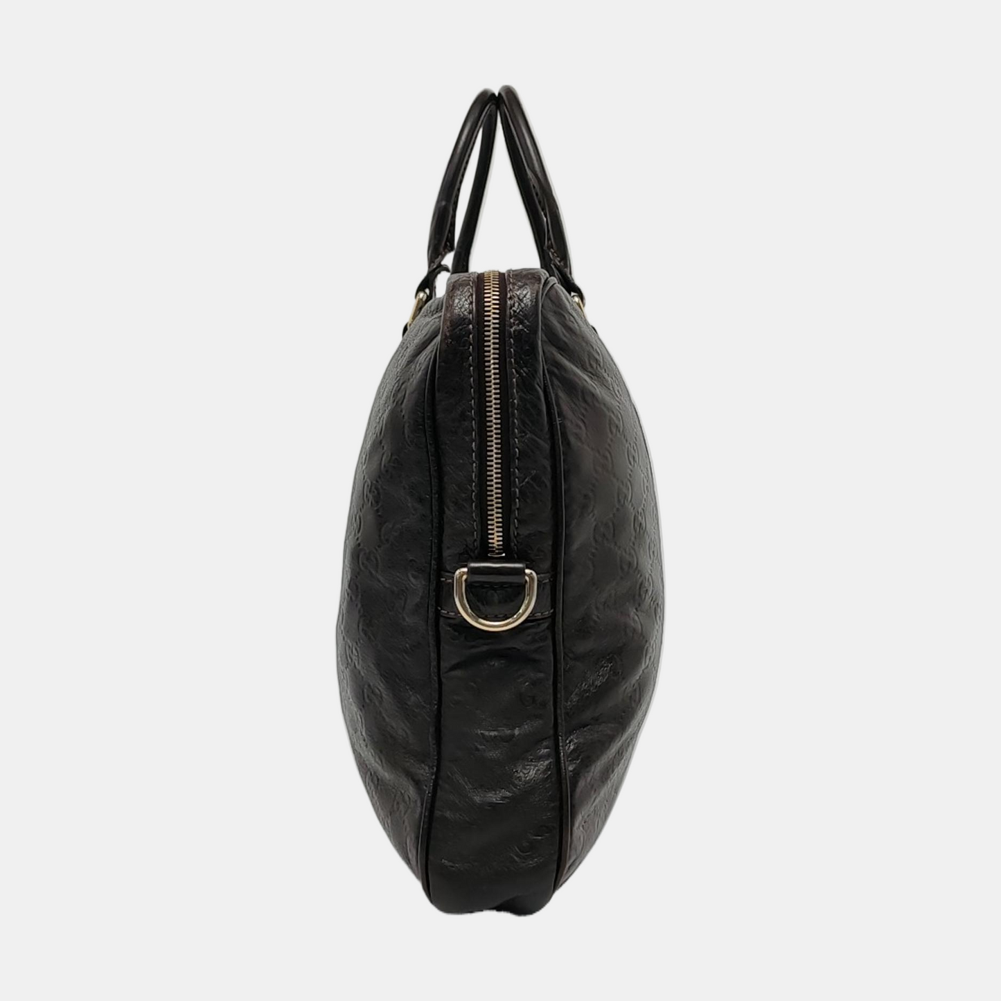GUCCI Dark Brown Leather Vintage Embossed Tote Shoulder Bag Golden hardware-(SKU)-952168217