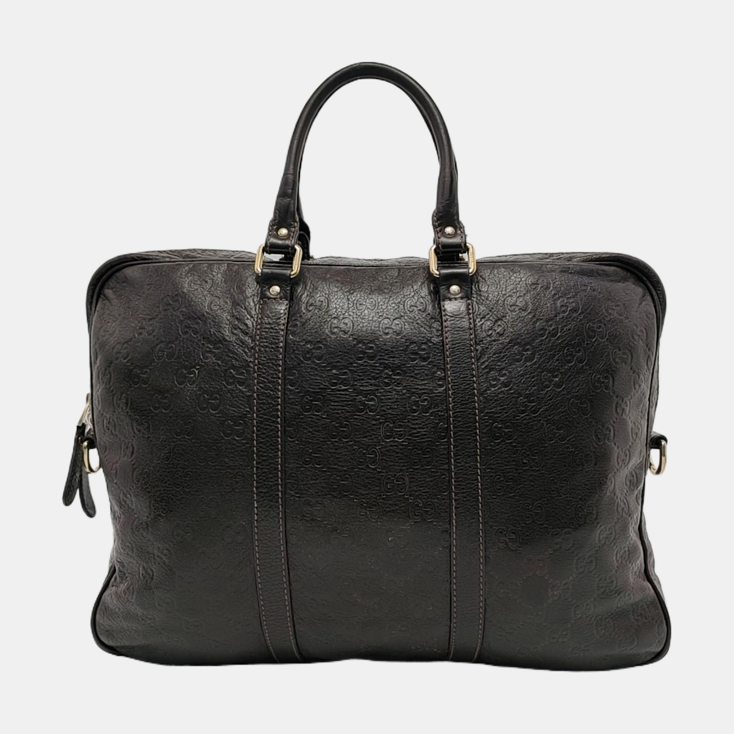 GUCCI Dark Brown Leather Vintage Embossed Tote Shoulder Bag Golden hardware-(SKU)-952168217