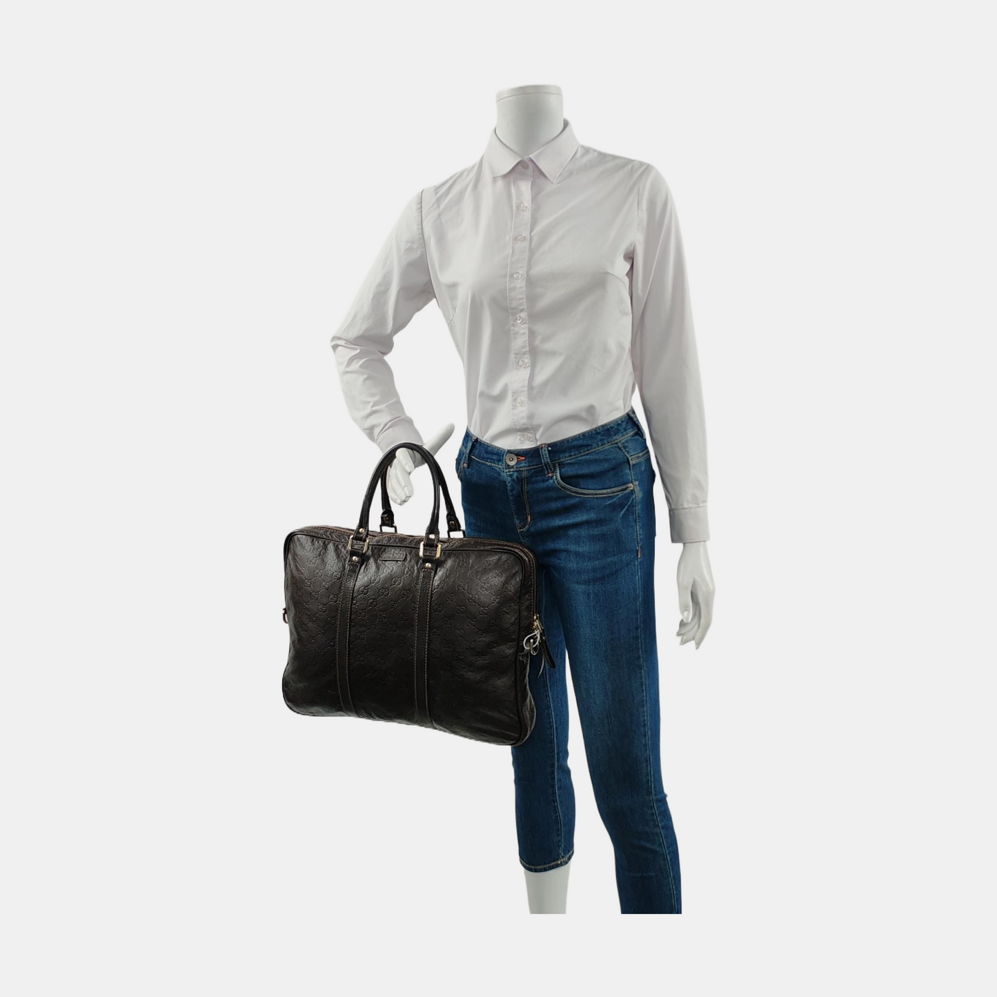 GUCCI Dark Brown Leather Vintage Embossed Tote Shoulder Bag Golden hardware-(SKU)-952168217