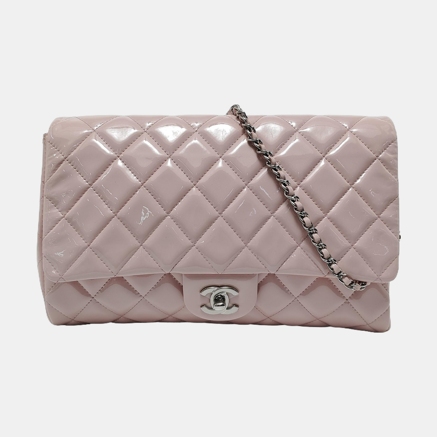 CHANEL CLASSIC FLAP Light Pink Lacquered Leather Quilted Matelassé Crossbody Shoulder Bag Handbag Gold and Silver Hardware 17 Openings-(SKU)-952358832