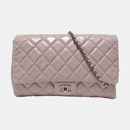 CHANEL CLASSIC FLAP Light Pink Lacquered Leather Quilted Matelassé Crossbody Shoulder Bag Handbag Gold and Silver Hardware 17 Openings-(SKU)-952358832