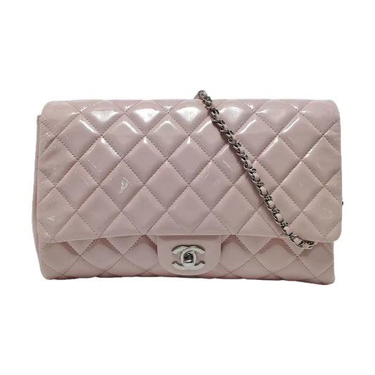 CHANEL CLASSIC FLAP Light Pink Lacquered Leather Quilted Matelassé Crossbody Shoulder Bag Handbag Gold and Silver Hardware 17 Openings-(SKU)-952358832