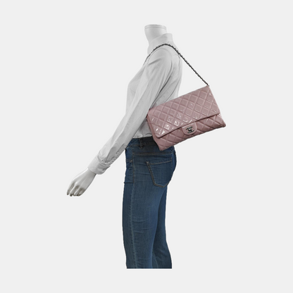 CHANEL CLASSIC FLAP Light Pink Lacquered Leather Quilted Matelassé Crossbody Shoulder Bag Handbag Gold and Silver Hardware 17 Openings-(SKU)-952358832