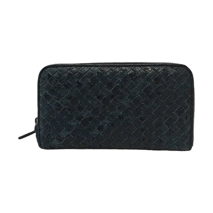 BOTTEGA VENETA Navy Blue Cowhide Braided Wallet Black hardware-(SKU)-952345115