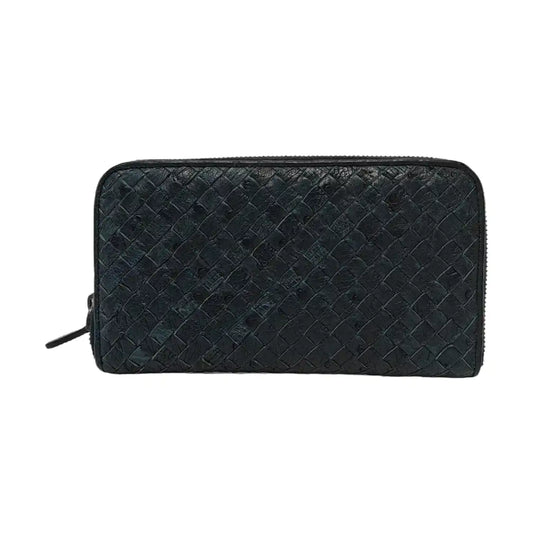BOTTEGA VENETA Navy Blue Cowhide Braided Wallet Black hardware-(SKU)-952345115