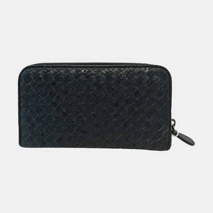 BOTTEGA VENETA Navy Blue Cowhide Braided Wallet Black hardware-(SKU)-952345115