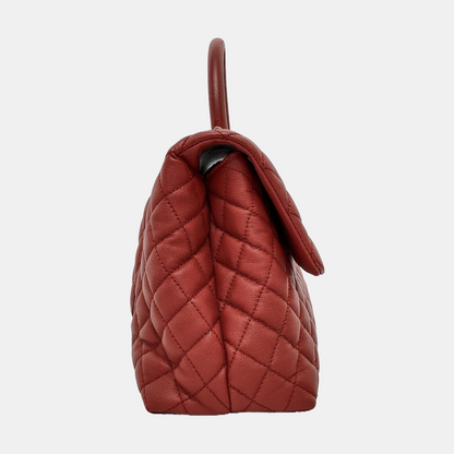 CHANEL COCO HANDLE Large size brick red grained leather quilted diamond pattern Coco Handle bag shoulder bag crossbody bag with silver hardware 23 opening and removable shoulder strap-(SKU)-952642584