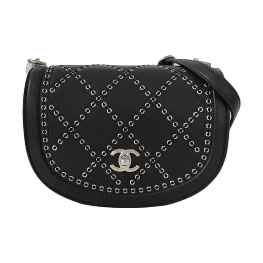 CHANEL COCO EYELETS Black Leather Quilted Single Shoulder Bag Crossbody Bag Silver Hardware 25 Clasp-(SKU)-952886640