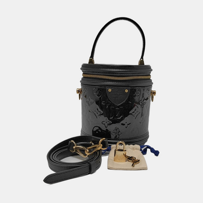 LOUIS VUITTON CANNES Black Patent Leather Embossed Money Bucket Crossbody Shoulder Bag Tote Bag Gold Hardware Removable Strap-(SKU)-952976210