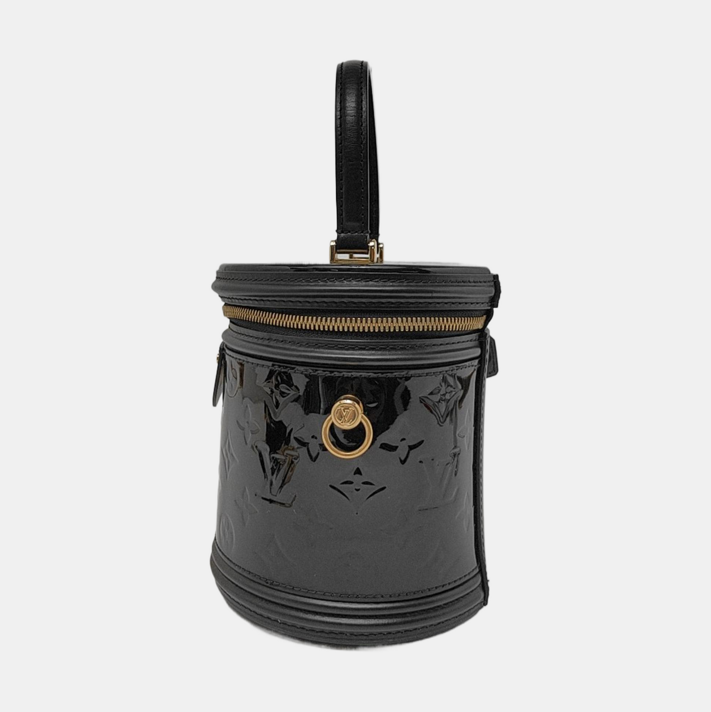 LOUIS VUITTON CANNES Black Patent Leather Embossed Money Bucket Crossbody Shoulder Bag Tote Bag Gold Hardware Removable Strap-(SKU)-952976210