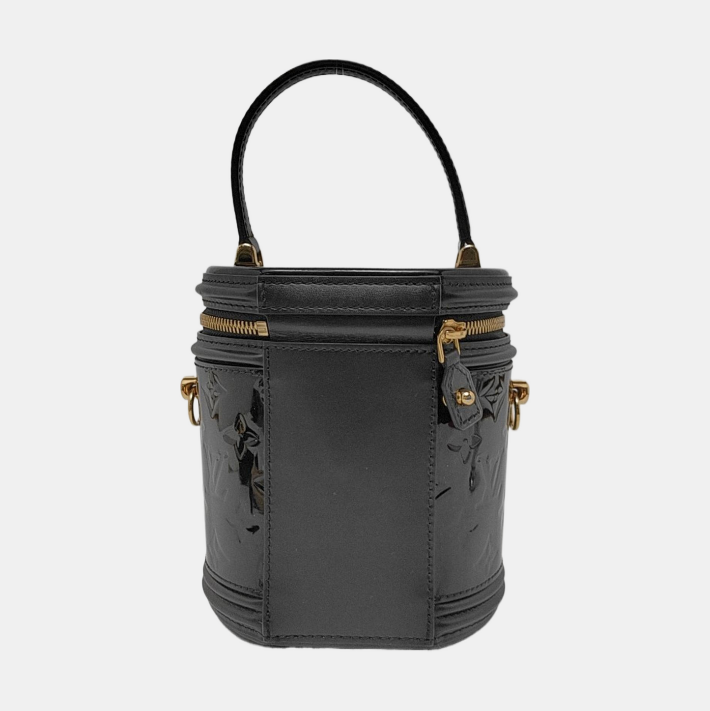 LOUIS VUITTON CANNES Black Patent Leather Embossed Money Bucket Crossbody Shoulder Bag Tote Bag Gold Hardware Removable Strap-(SKU)-952976210