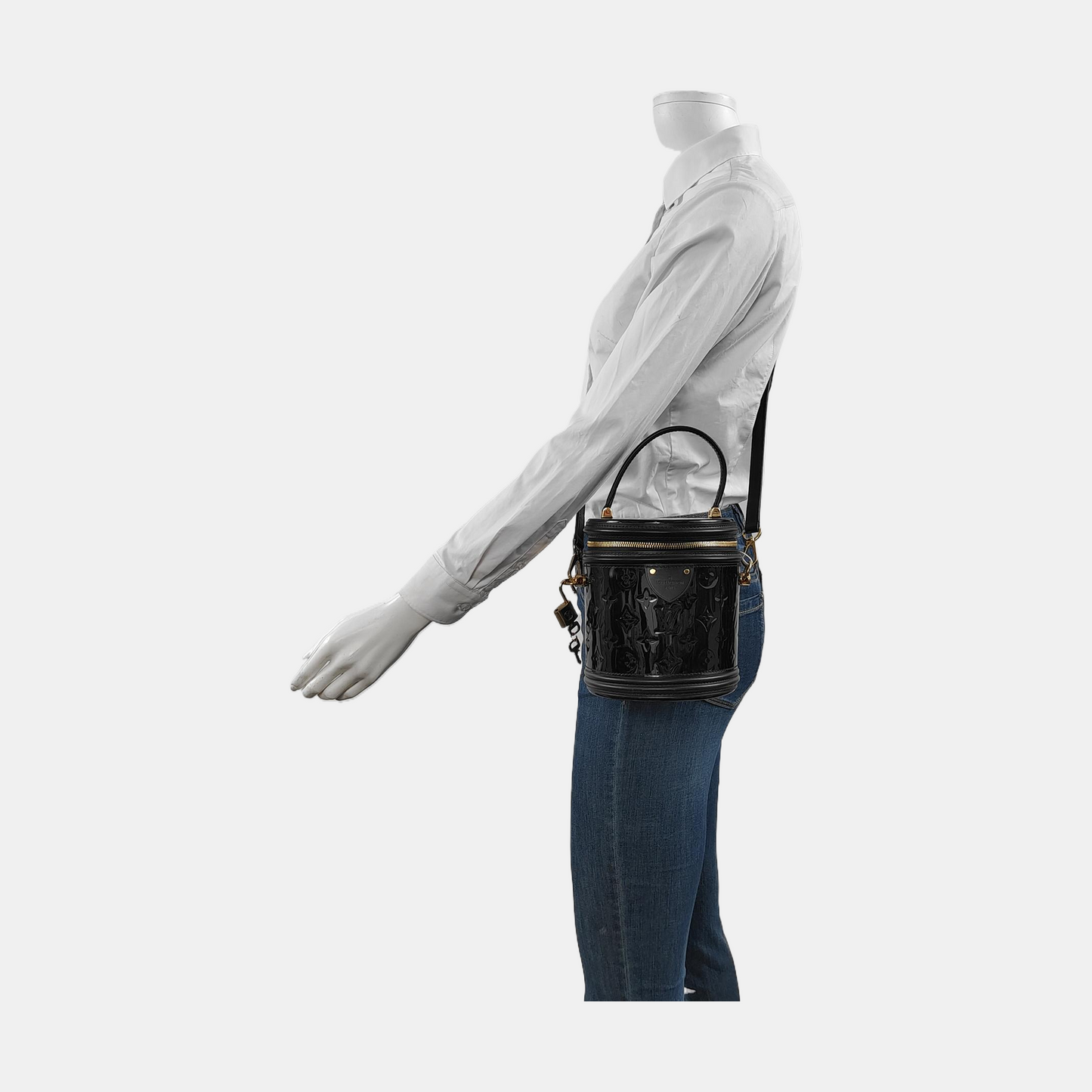 LOUIS VUITTON CANNES Black Patent Leather Embossed Money Bucket Crossbody Shoulder Bag Tote Bag Gold Hardware Removable Strap-(SKU)-952976210