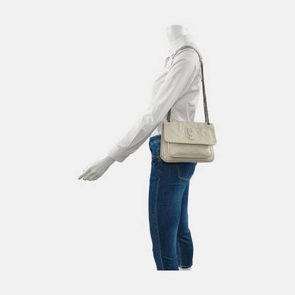 YSL NIKI Small White Calfskin Quilted V-Stripe Shoulder Bag and Crossbody with White Rhodium-Plated Hardware-(SKU)-953133079