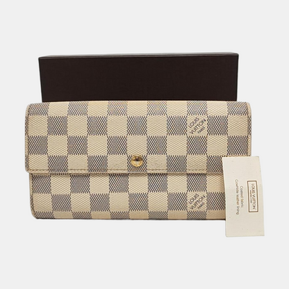 LOUIS VUITTON PORTE MONNAIE White Coated Canvas Checkered Wallet Golden hardware-(SKU)-952912315