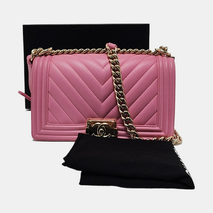CHANEL BOY CHANEL Medium Size Pink Leather V-Shape Shoulder Bag Crossbody Bag Gold Hardware-(SKU)-953183002