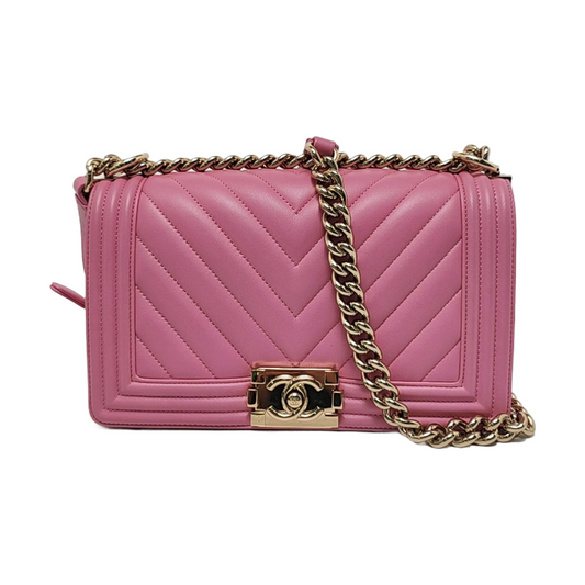 CHANEL BOY CHANEL Medium Size Pink Leather V-Shape Shoulder Bag Crossbody Bag Gold Hardware-(SKU)-953183002