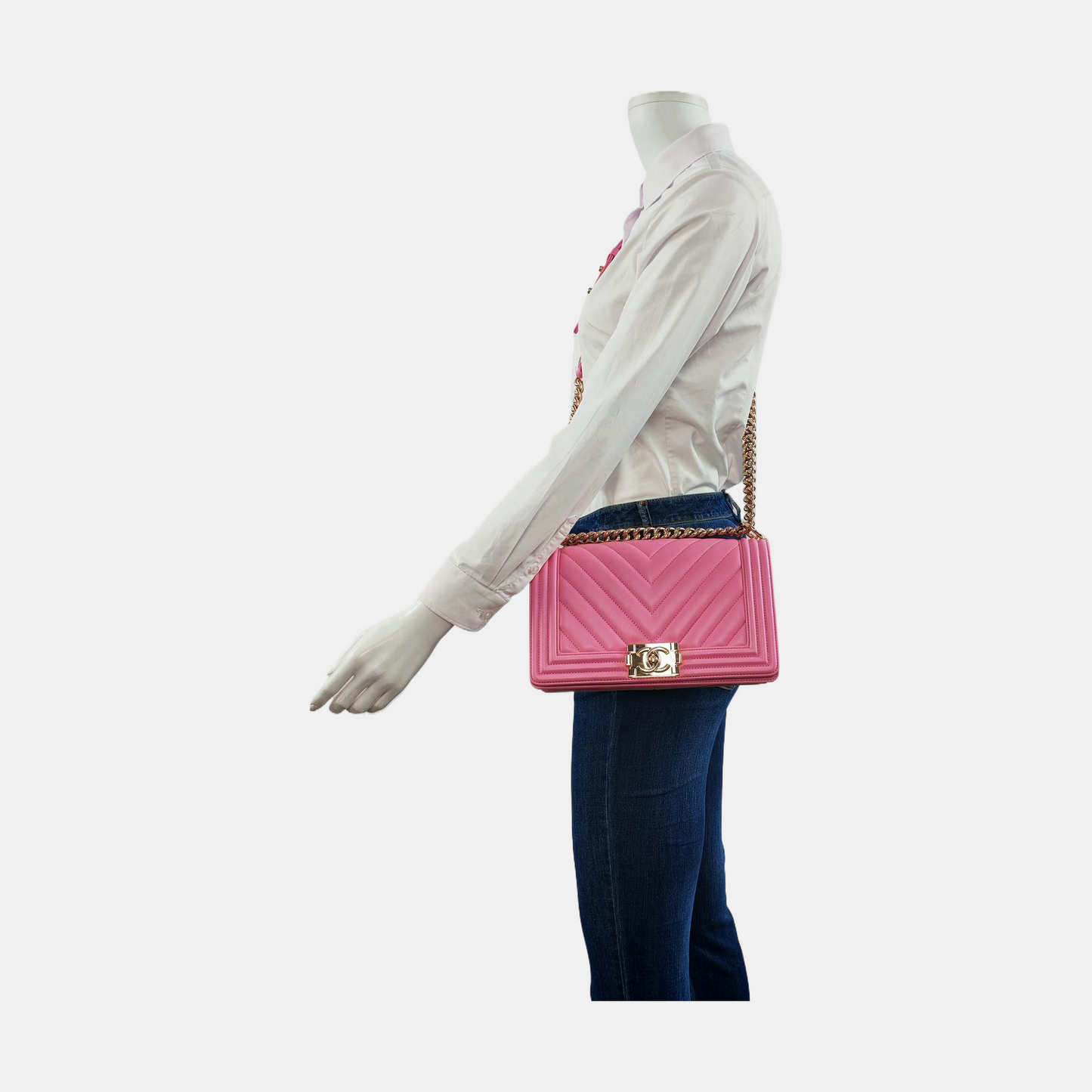 CHANEL BOY CHANEL Medium Size Pink Leather V-Shape Shoulder Bag Crossbody Bag Gold Hardware-(SKU)-953183002