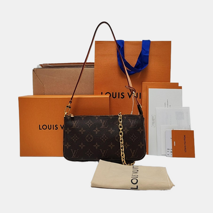 LOUIS VUITTON ACCESSOIRES Large Size Brown Coated Canvas Monogram Mahjong Shoulder Bag Handbag Detachable Strap Golden Hardware 2 Detachable Straps Complete Accessories-(SKU)-953193566