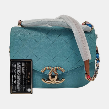 CHANEL THREAD AROUND Light Blue Calfskin Quilted Stitched Crossbody Shoulder Bag Handbag Tote Bag Silver Hardware 23 Clasp-(SKU)-953026490