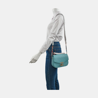 CHANEL THREAD AROUND Light Blue Calfskin Quilted Stitched Crossbody Shoulder Bag Handbag Tote Bag Silver Hardware 23 Clasp-(SKU)-953026490