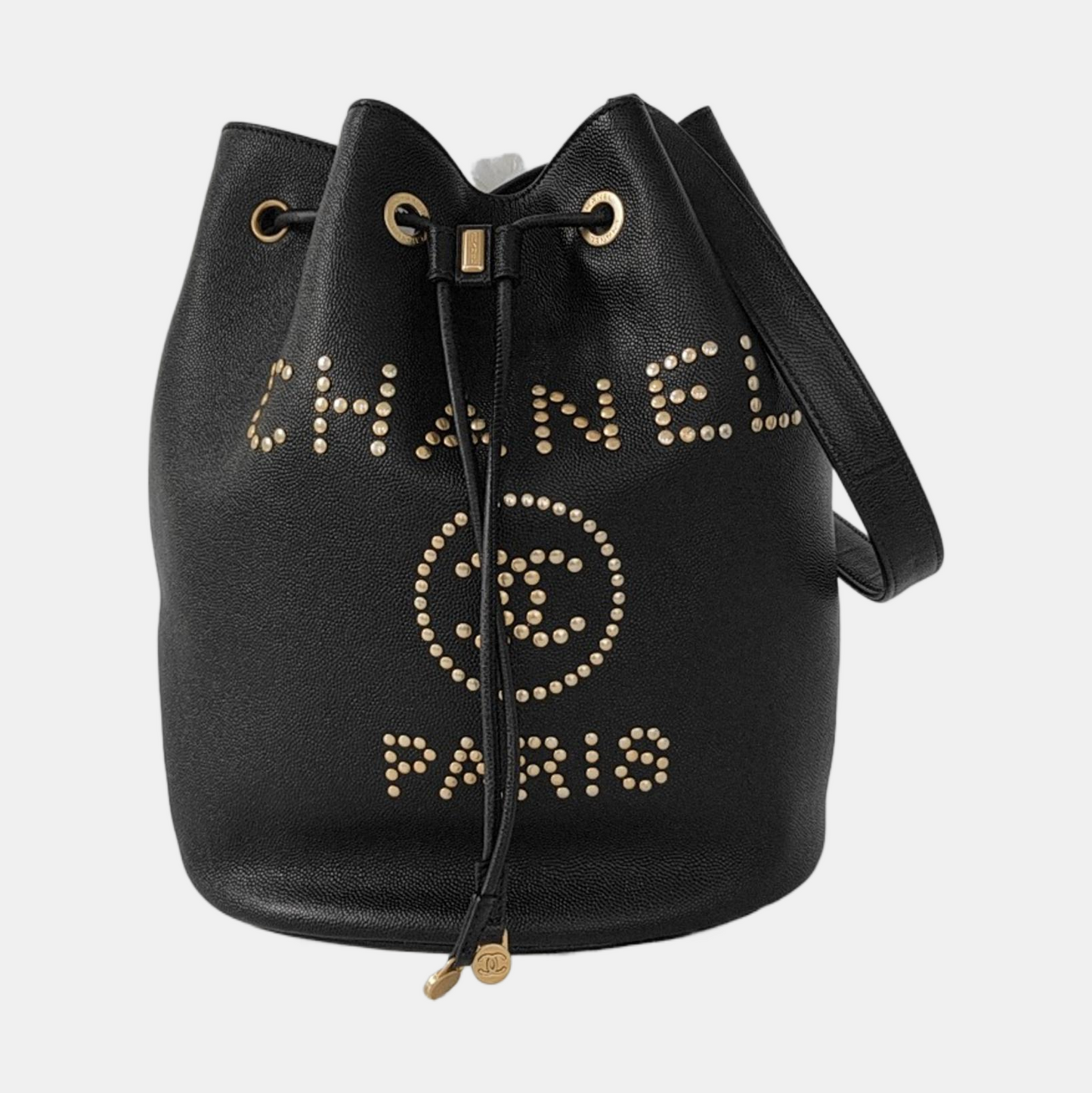 CHANEL DEAUVILLE Black Caviar Leather Studs Shoulder Bag Gold Hardware 28 Clasp-(SKU)-953026430