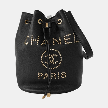 CHANEL DEAUVILLE Black Caviar Leather Studs Shoulder Bag Gold Hardware 28 Clasp-(SKU)-953026430