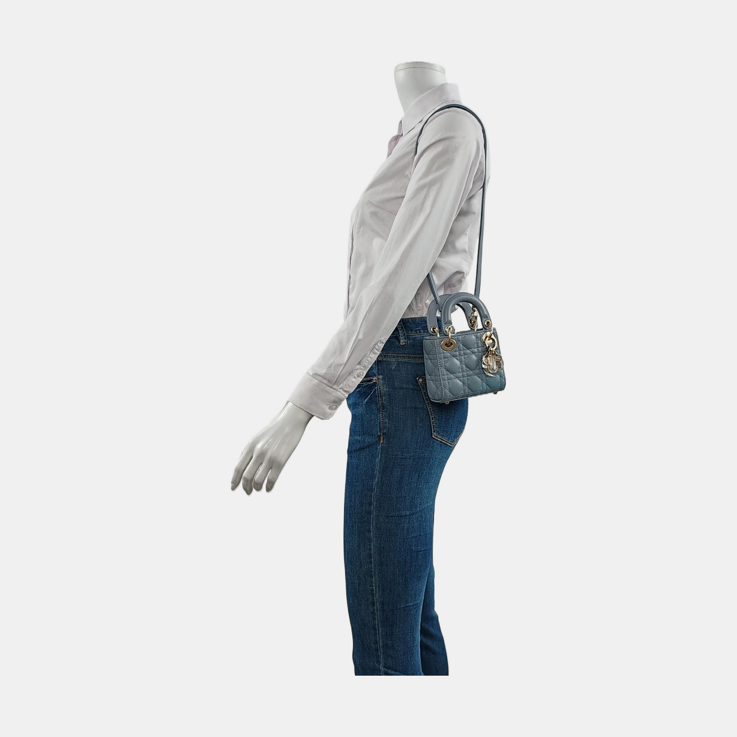 DIOR Lady Dior Mini Blue Lamb Skin Quilted Cannage Four-Gusset Shoulder Bag with Detachable Strap and Accessories Included-(SKU)-953418236