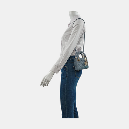 DIOR Lady Dior Mini Blue Lamb Skin Quilted Cannage Four-Gusset Shoulder Bag with Detachable Strap and Accessories Included-(SKU)-953418236