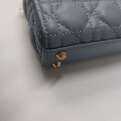 DIOR Lady Dior Mini Blue Lamb Skin Quilted Cannage Four-Gusset Shoulder Bag with Detachable Strap and Accessories Included-(SKU)-953418236