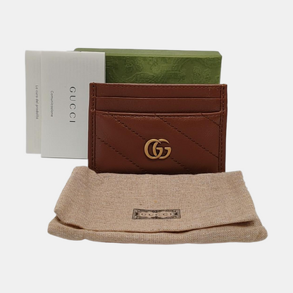 GUCCI GG Marmont Brown Leather Quilted Stripe Card Case Golden hardware Complete Accessories-(SKU)-953444579