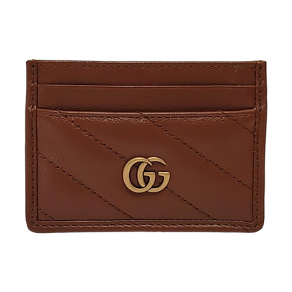 GUCCI GG Marmont Brown Leather Quilted Stripe Card Case Golden hardware Complete Accessories-(SKU)-953444579