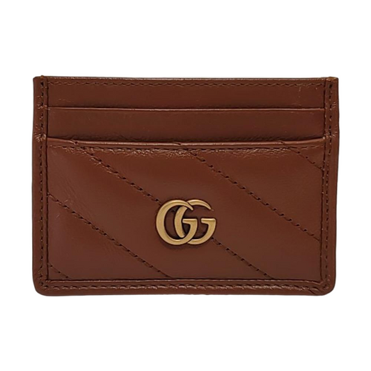 GUCCI GG Marmont Brown Leather Quilted Stripe Card Case Golden hardware Complete Accessories-(SKU)-953444579