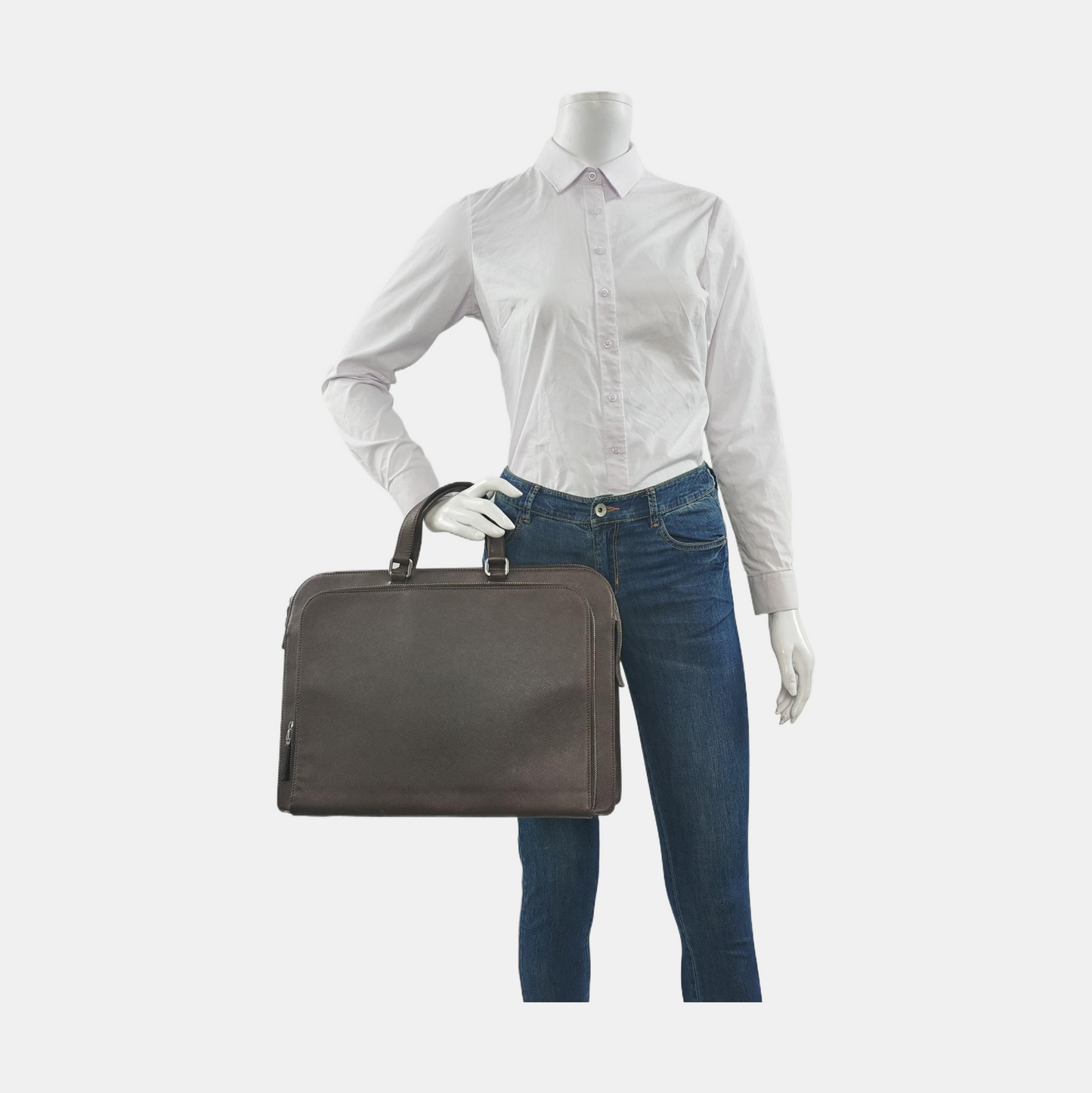 PRADA Dark Brown Cowhide Logo Crosshatch Handbag Silver Hardware-(SKU)-953376928