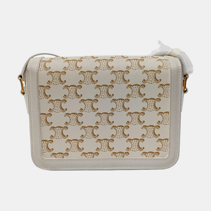 CELINE TRIOMPHE Small White Coated Canvas Triomphe Crossbody Single Shoulder Bag with Gold Hardware-(SKU)-953576570