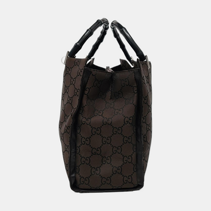 GUCCI Bamboo 1947 Brown Canvas Bamboo Handle Tote Bag Silver Hardware-(SKU)-953508975