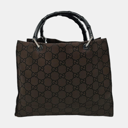 GUCCI Bamboo 1947 Brown Canvas Bamboo Handle Tote Bag Silver Hardware-(SKU)-953508975
