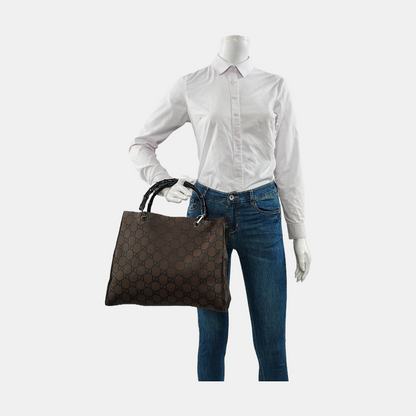 GUCCI Bamboo 1947 Brown Canvas Bamboo Handle Tote Bag Silver Hardware-(SKU)-953508975