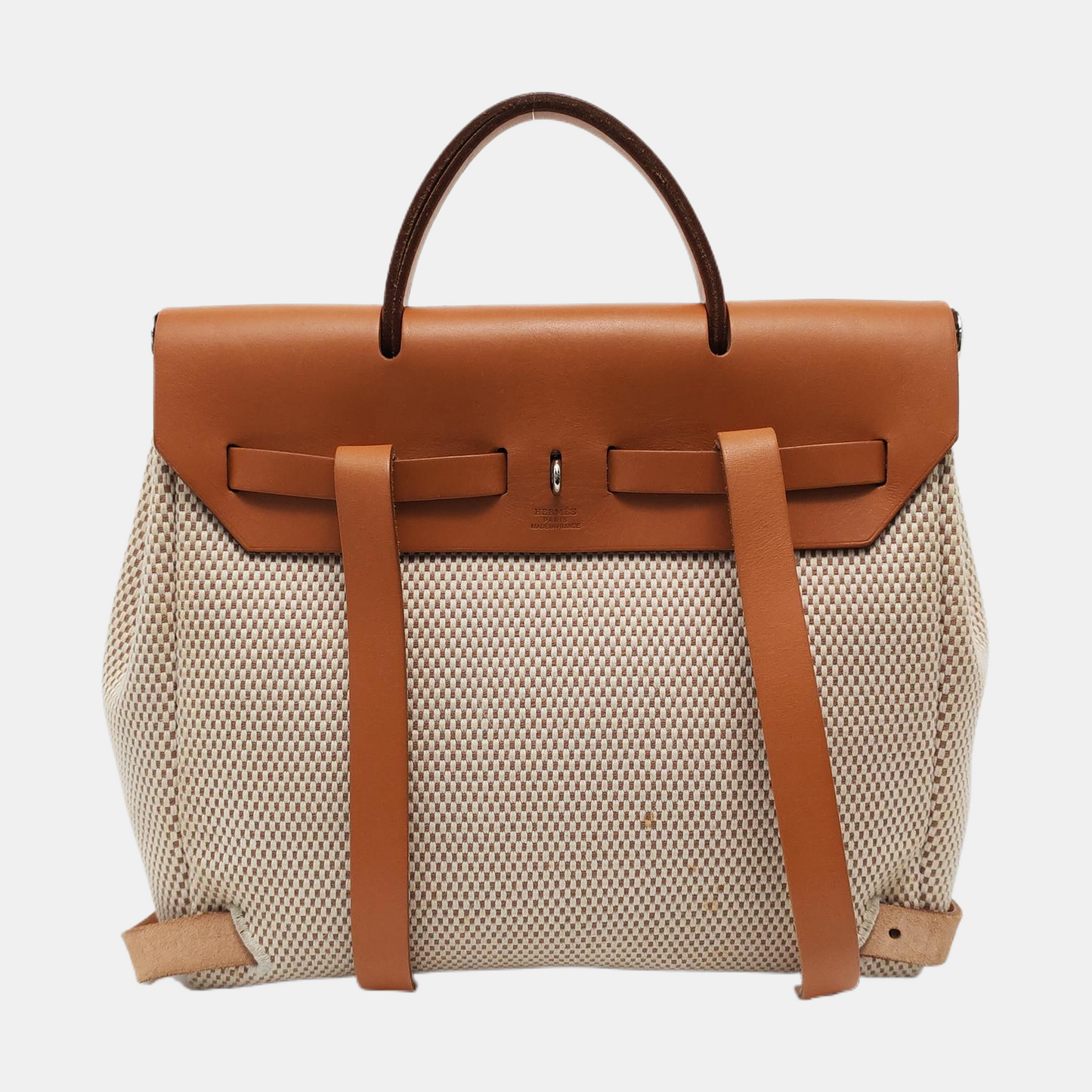 HERMÈS Herbag Small Milkshake White Canvas Backpack Handbag with Silver Hardware 🄷 Mark-(SKU)-953760184