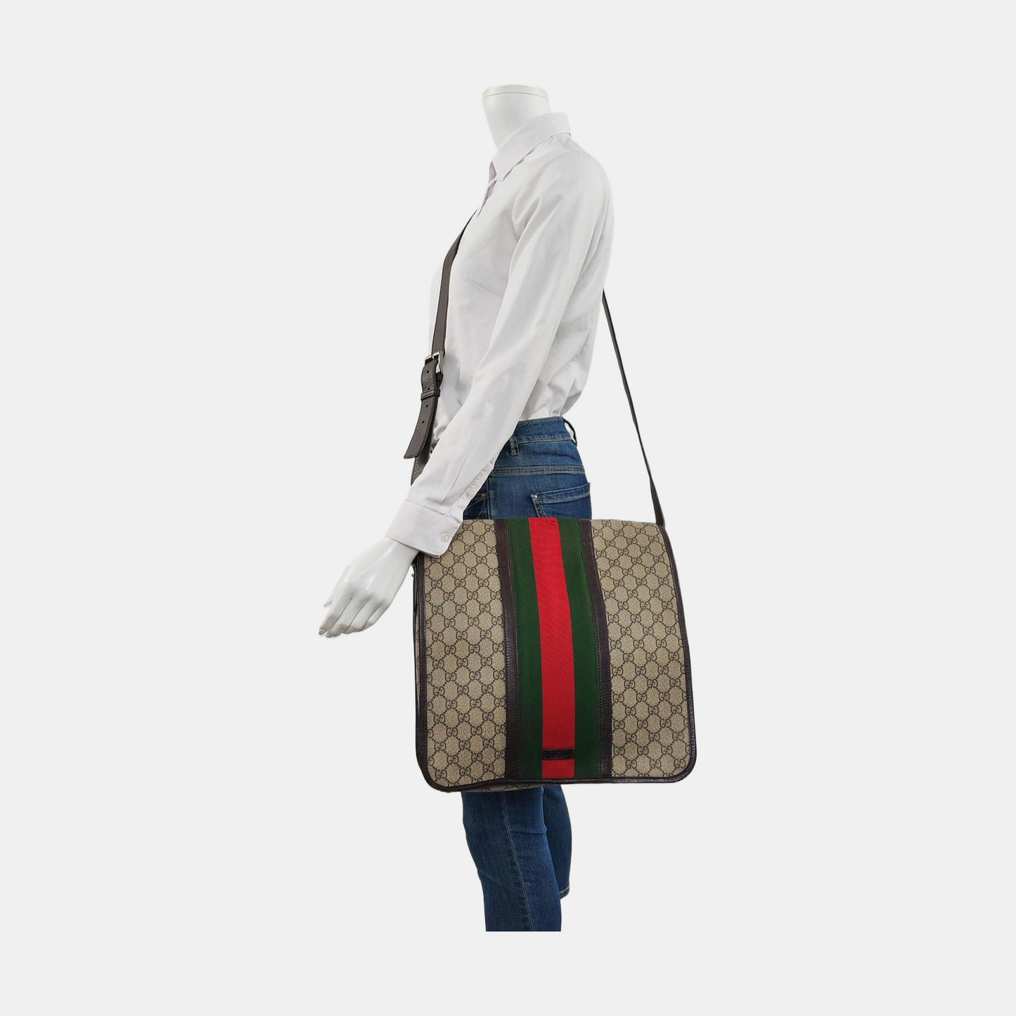 GUCCI GG Supreme Ebony Canvas Monogram Stripe Shoulder Bag Tote Crossbody Silver Hardware-(SKU)-953758546