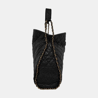 CHANEL CHAIN ME Black Pebbled Leather Quilted Crossbody Shoulder Bag with Gold Hardware, 14 openings-(SKU)-953577261