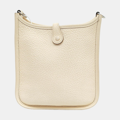 HERMÈS Evelyne Mini Cream Clemence Leather Cutout Evelyne Shoulder Bag Crossbody Bag with Silver Hardware and Z, Detachable Shoulder Strap-(SKU)-947690119