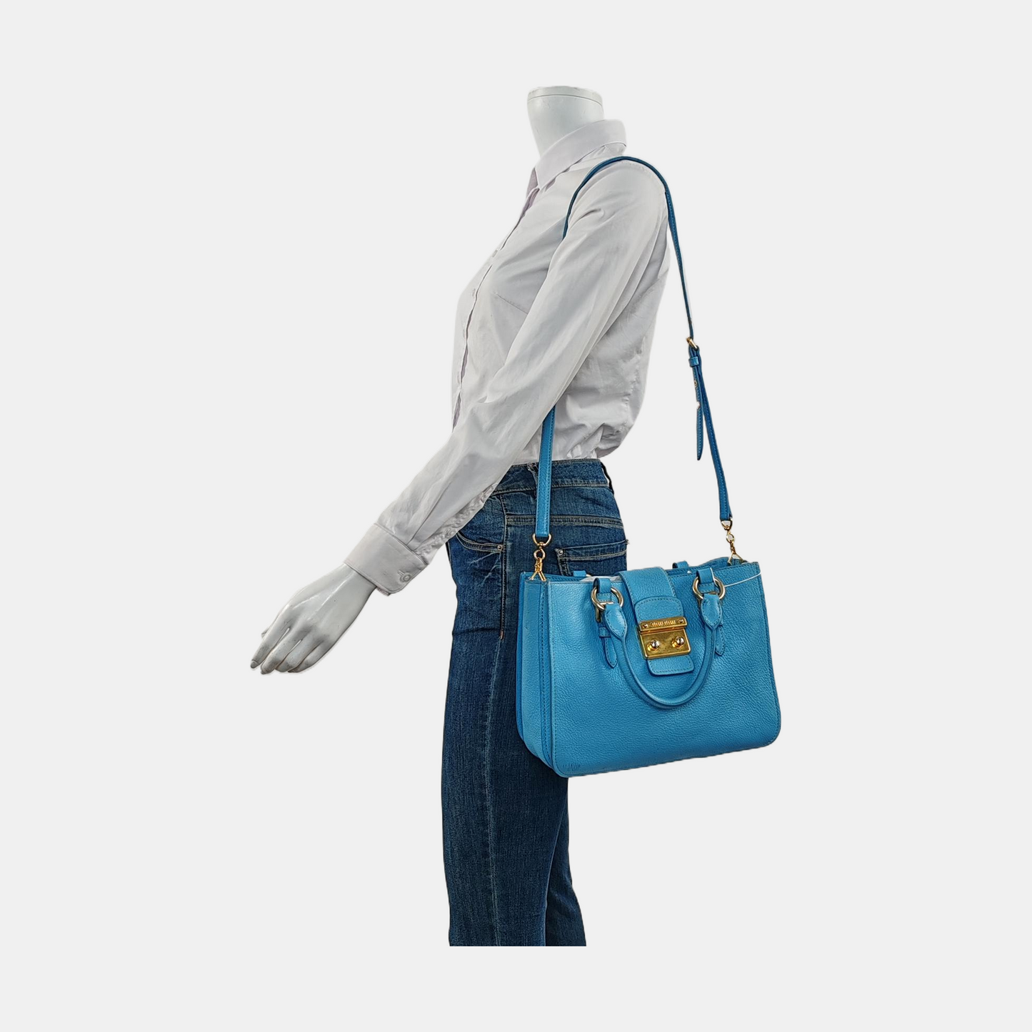 Miu Miu Madras Blue Cowhide Studs Single Shoulder Bag Tote Bag Crossbody Bag Golden hardware Removable shoulder strap-(SKU)-954293190